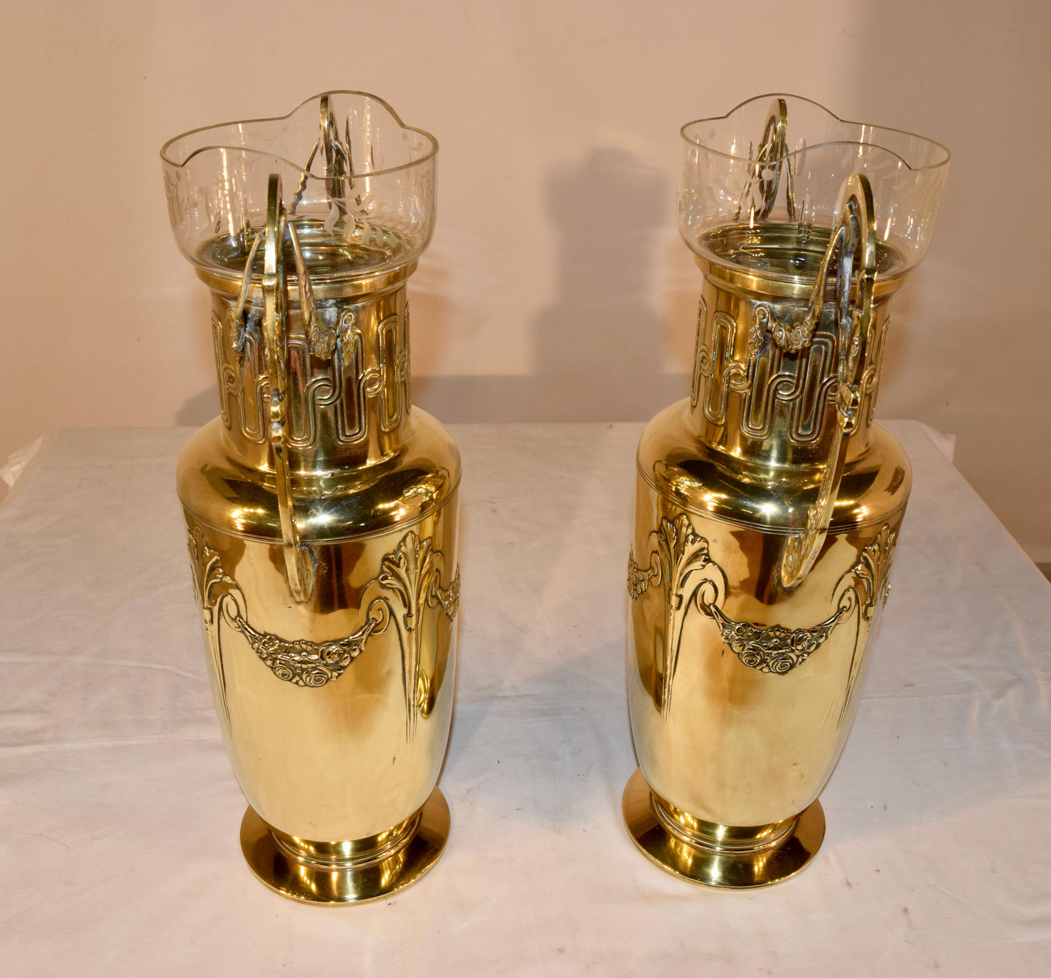 Pair of 19th Century Hand Cast Brass Vases with Glass Inserts For Sale 2
