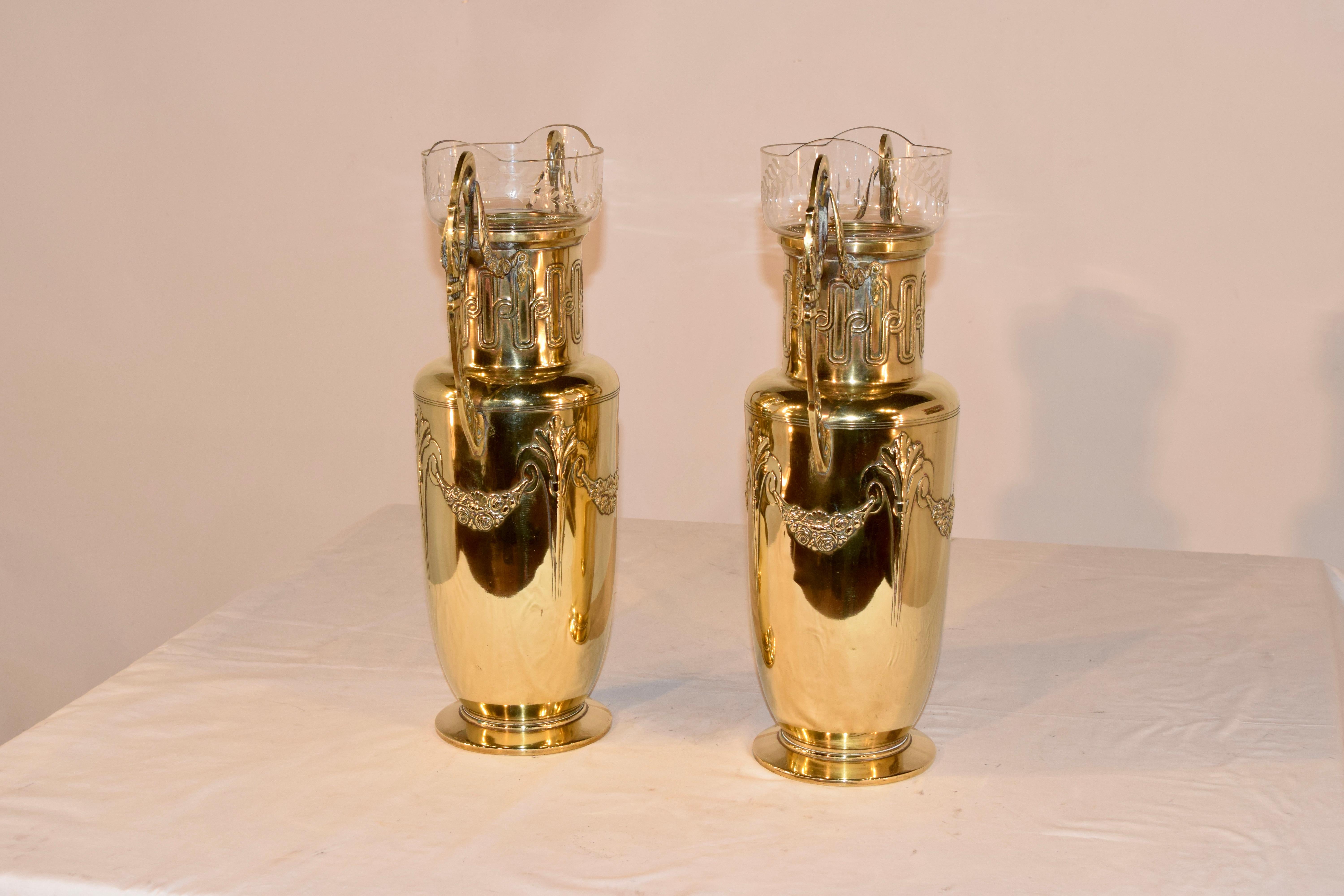 Pair of 19th Century Hand Cast Brass Vases with Glass Inserts For Sale 3