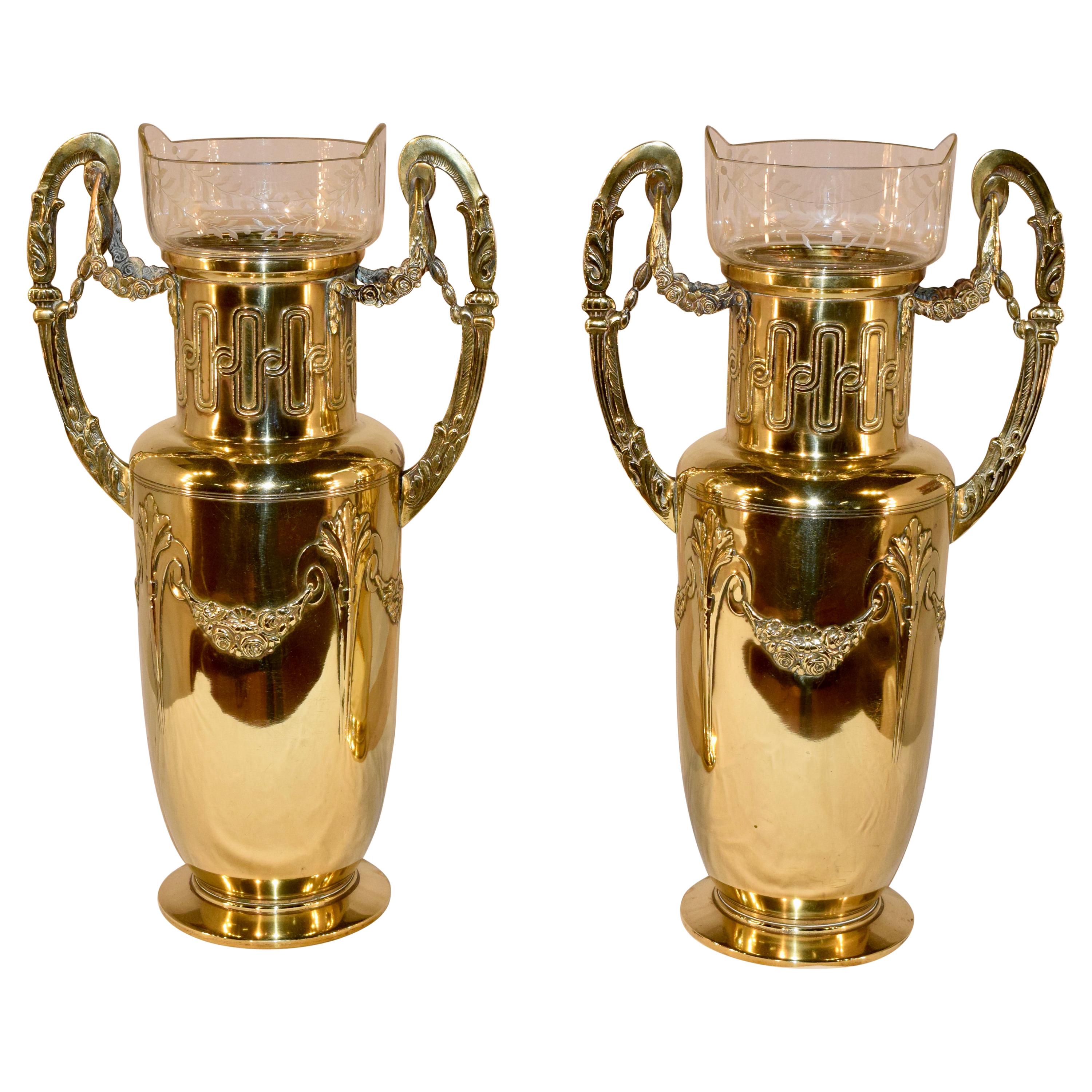Pair of 19th Century Hand Cast Brass Vases with Glass Inserts For Sale