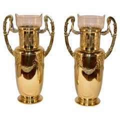 Pair of 19th Century Hand Cast Brass Vases with Glass Inserts