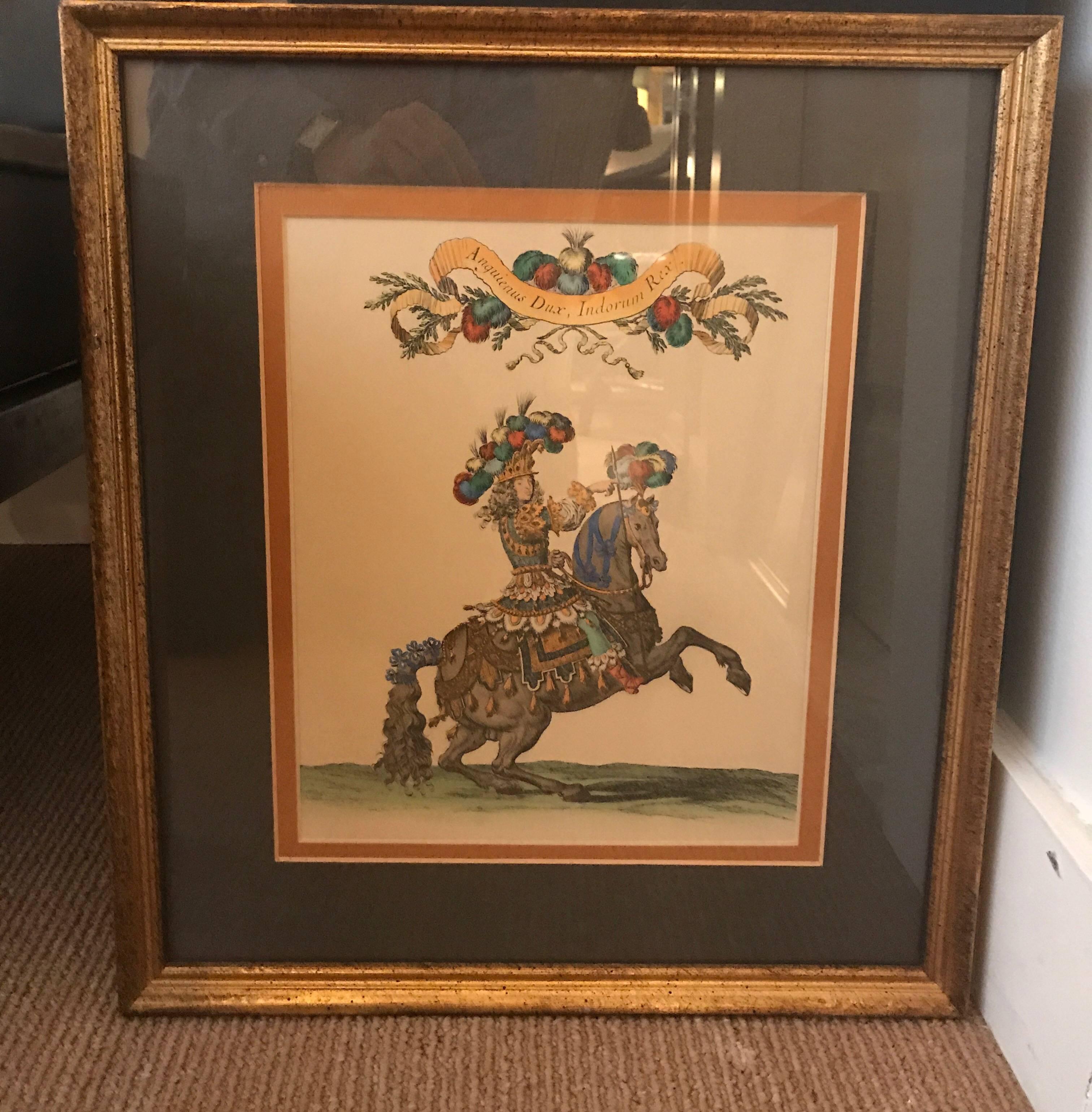 A pair of 19th century hand colored engravings titled
Anguienus DUX, Indorum Rex. (Horseman on horse and the second Romanus Castrorum Praefectus (the commander of the camp). Framed in simple giltwood frames with double mats.