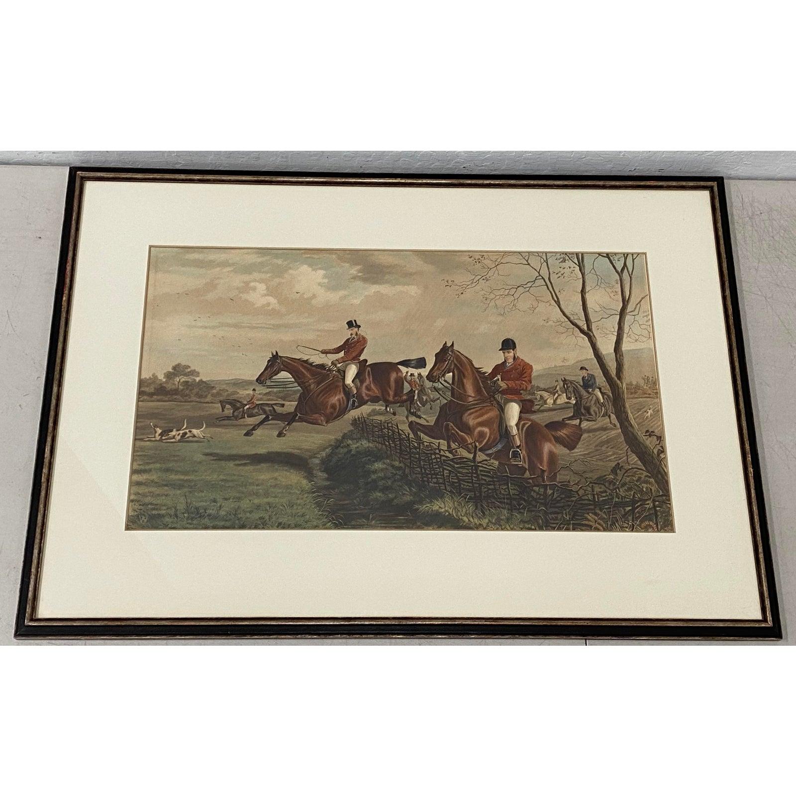 English Pair of 19th Century Hand Colored Equestrian Fox Hunt Engravings