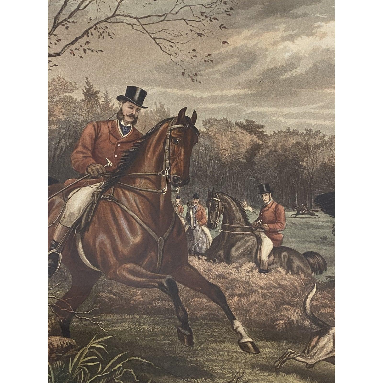 Cold-Painted Pair of 19th Century Hand Colored Equestrian Fox Hunt Engravings