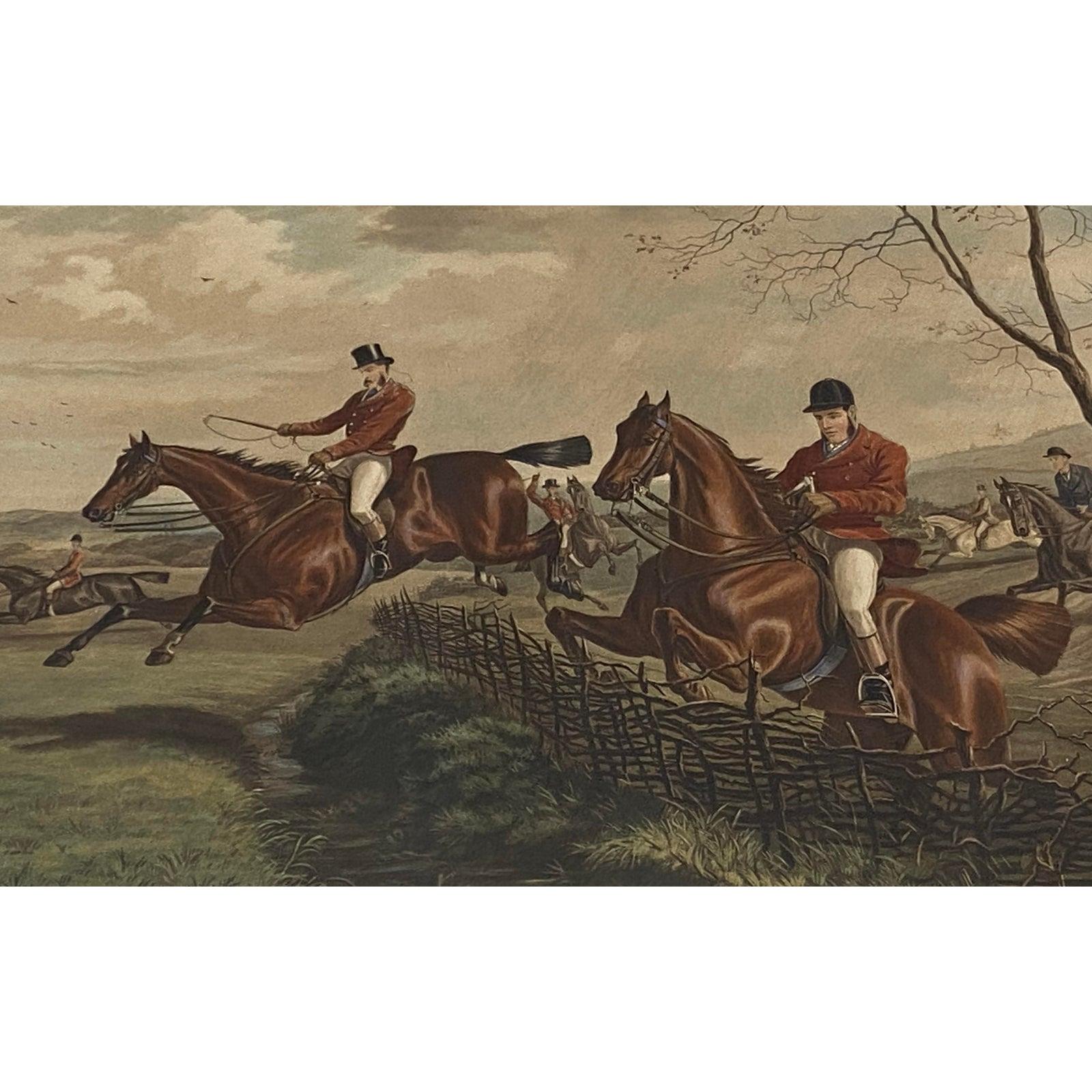 Pair of 19th Century Hand Colored Equestrian Fox Hunt Engravings In Good Condition In San Francisco, CA