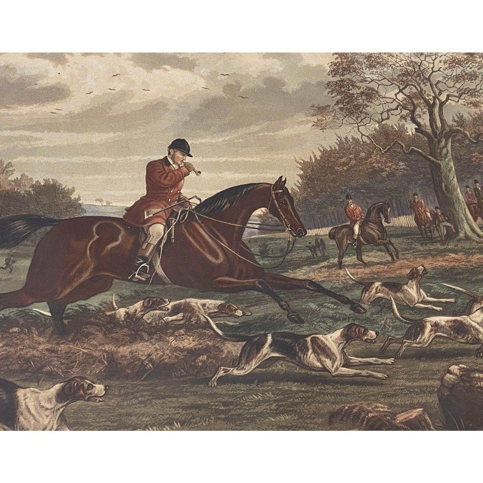 Paper Pair of 19th Century Hand Colored Equestrian Fox Hunt Engravings