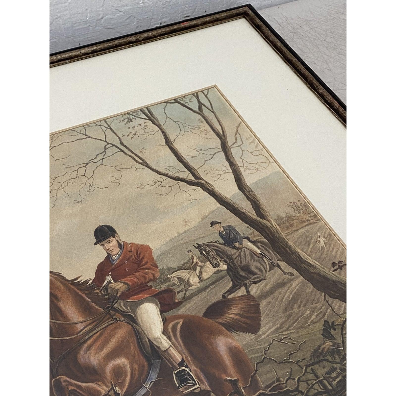 Pair of 19th Century Hand Colored Equestrian Fox Hunt Engravings 1