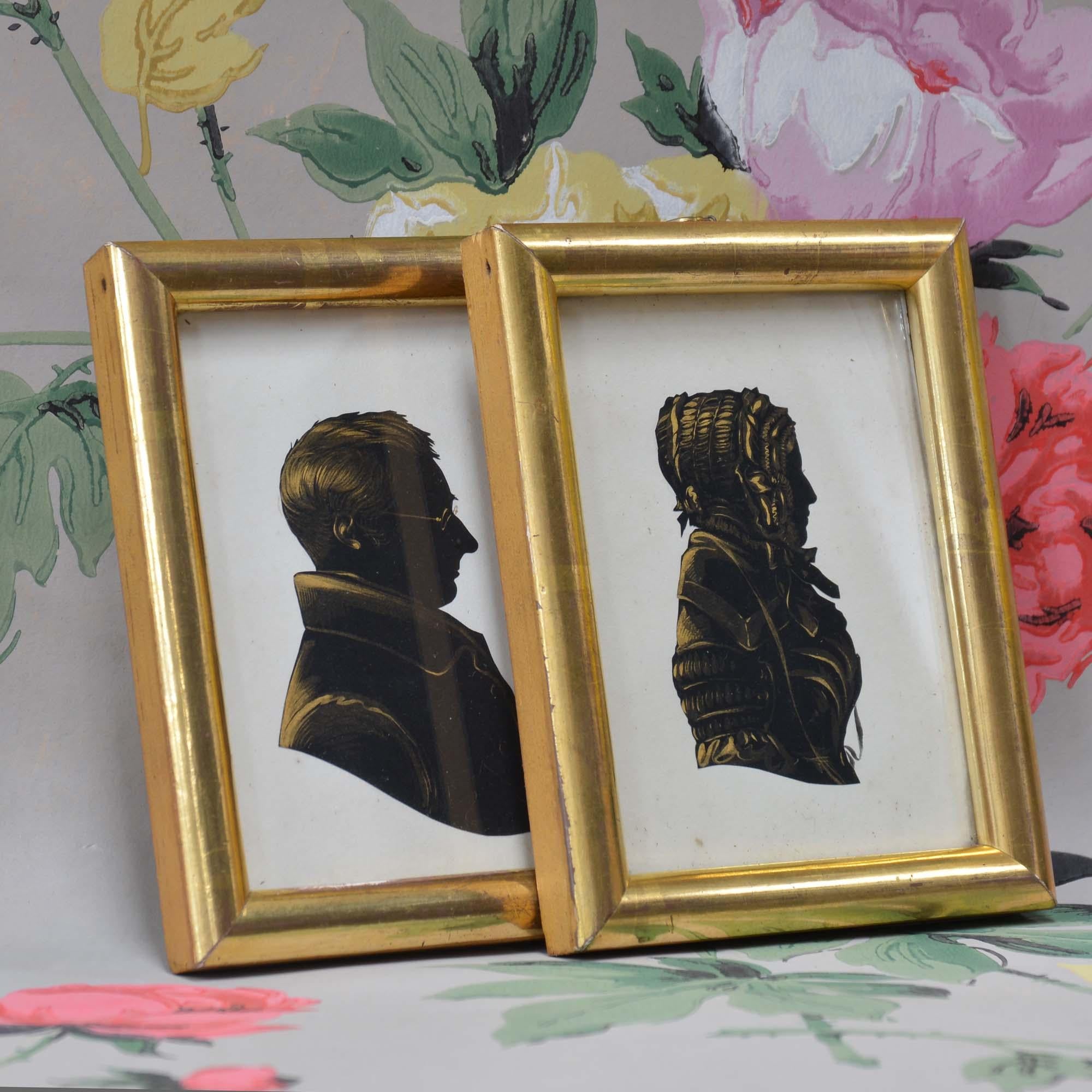 English Pair of 19th century hand cut paper portrait silhouettes For Sale