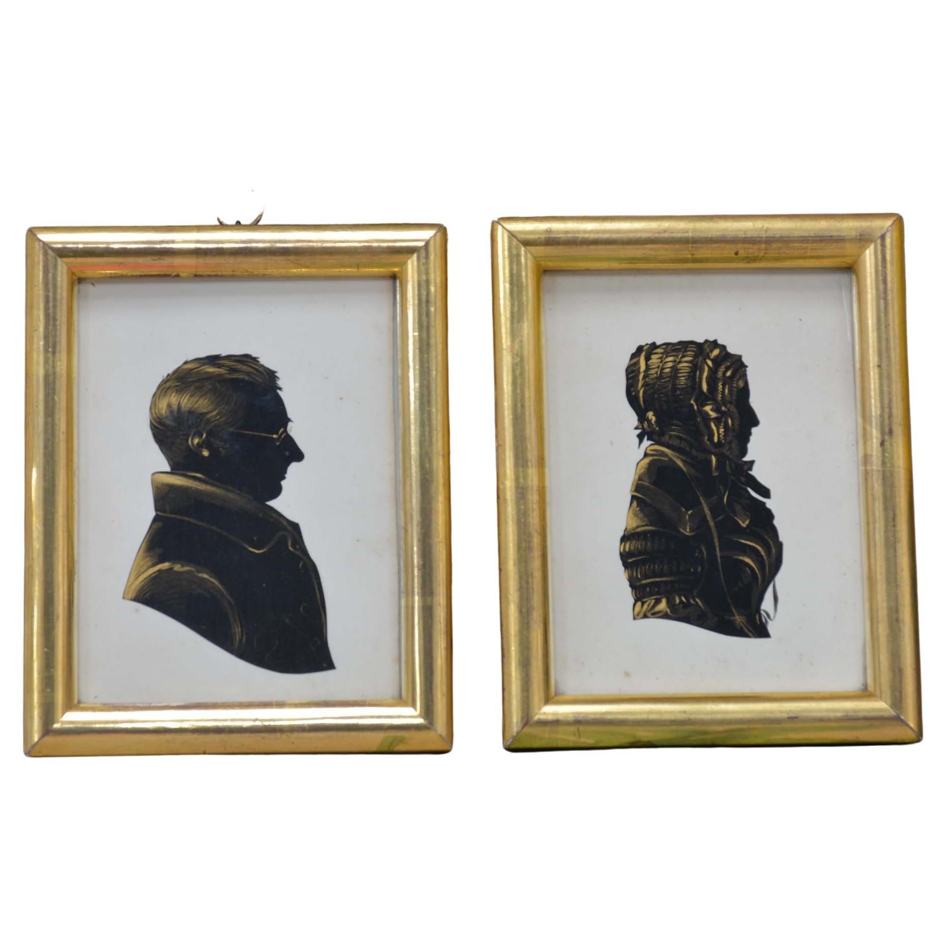 Pair of 19th century hand cut paper portrait silhouettes For Sale