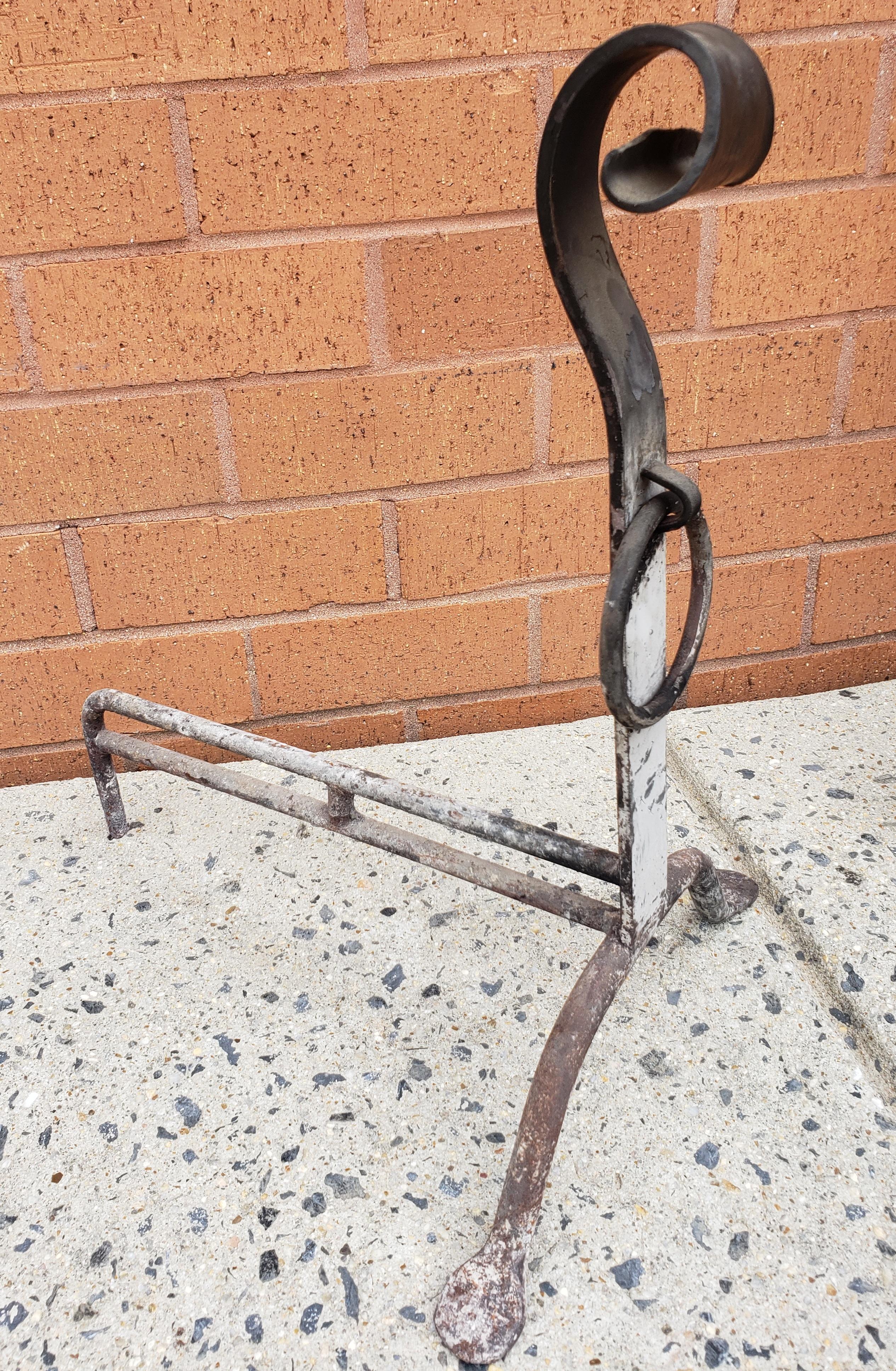 American Pair of 19th Century Hand Forged Iron Andirons For Sale