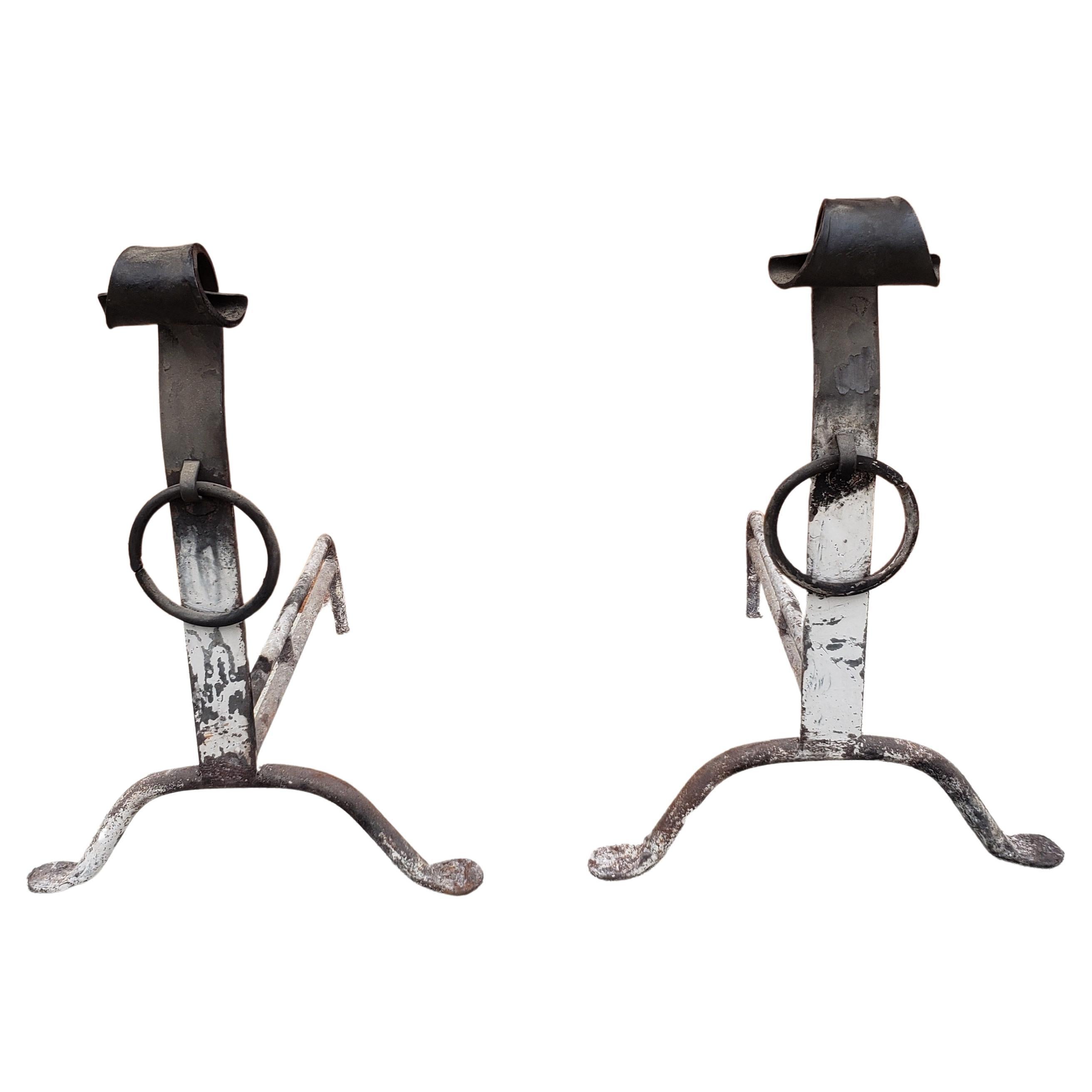 Pair of 19th Century Hand Forged Iron Andirons For Sale