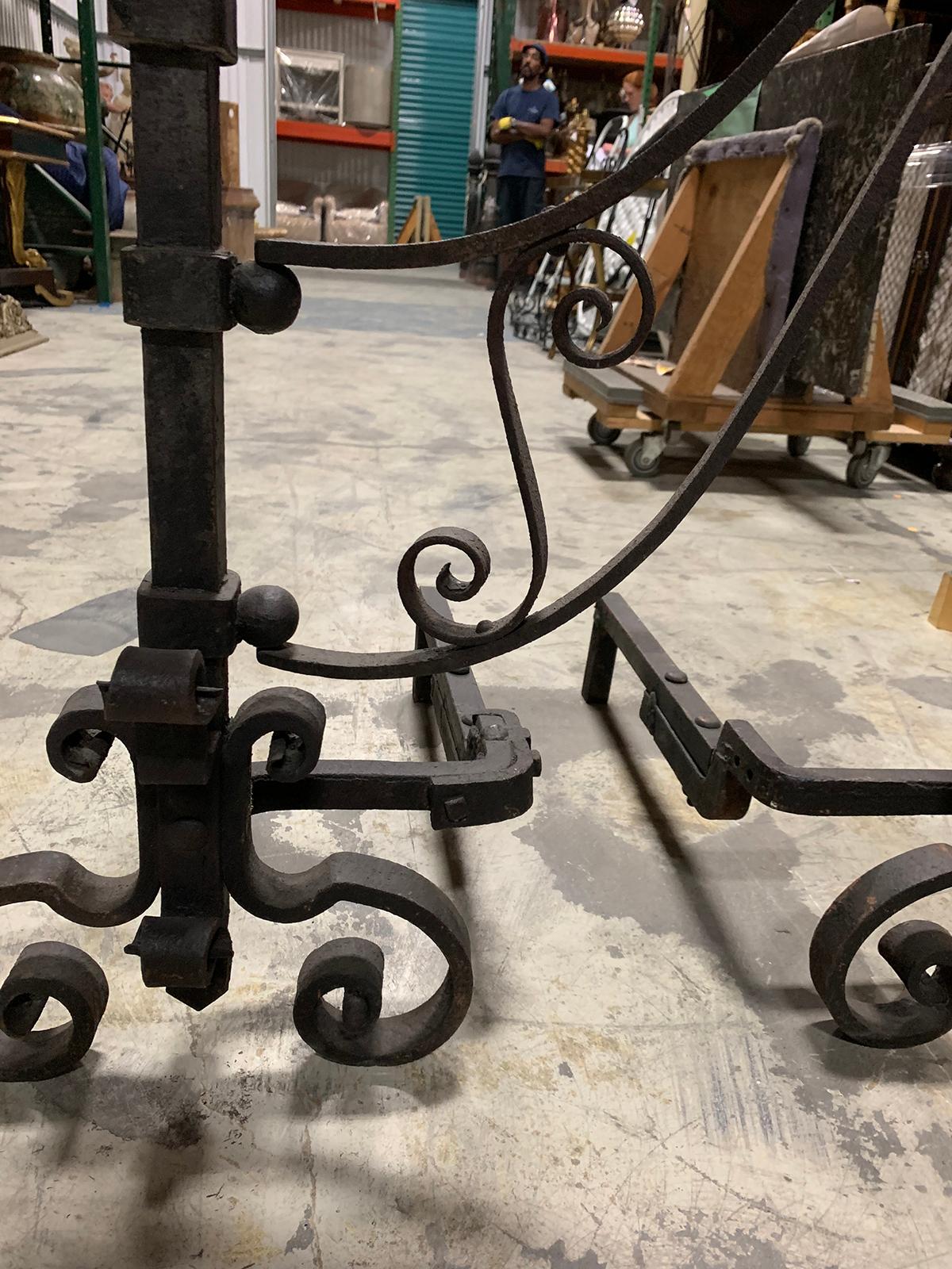 Pair of 19th Century Hand-Forged Iron Andirons with Swing-Arm for Cooking For Sale 7