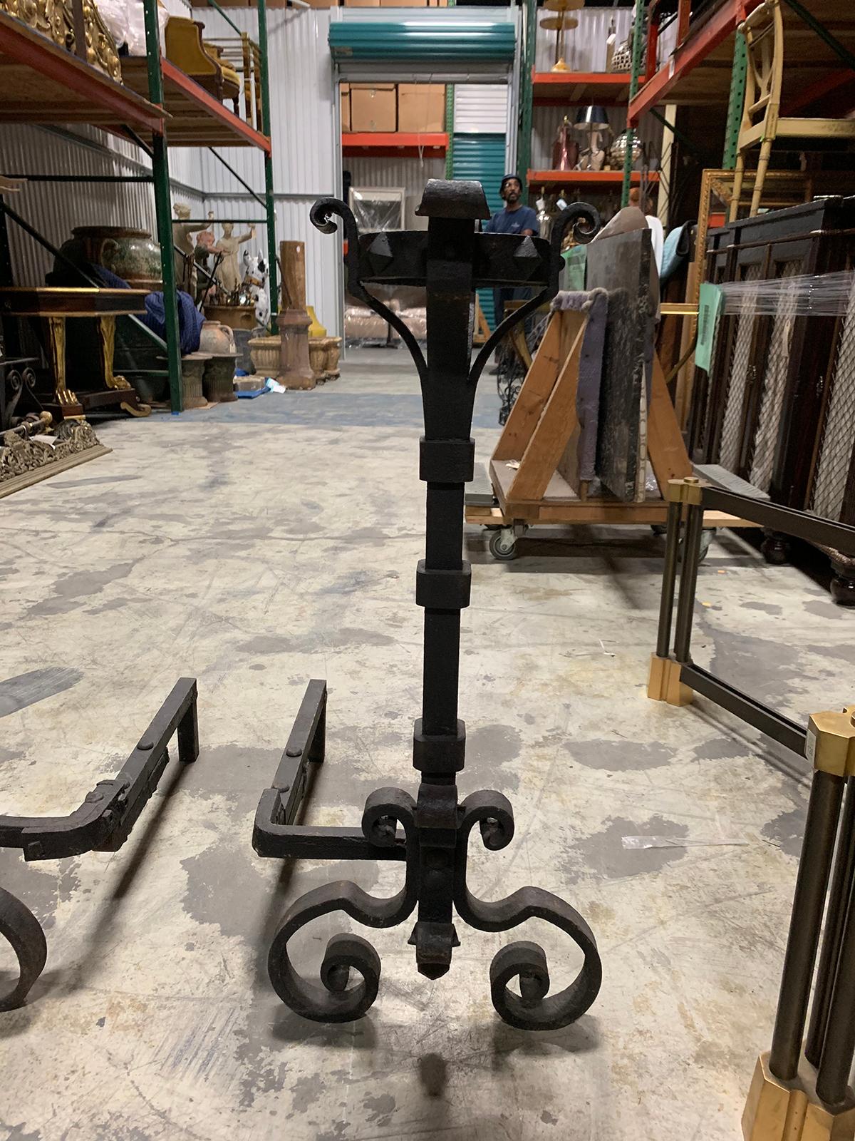Pair of 19th Century Hand-Forged Iron Andirons with Swing-Arm for Cooking For Sale 10