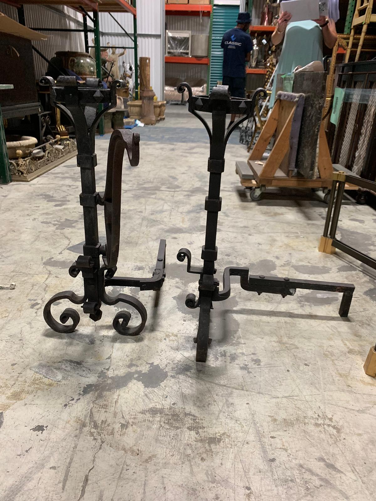 Pair of 19th Century Hand-Forged Iron Andirons with Swing-Arm for Cooking For Sale 11