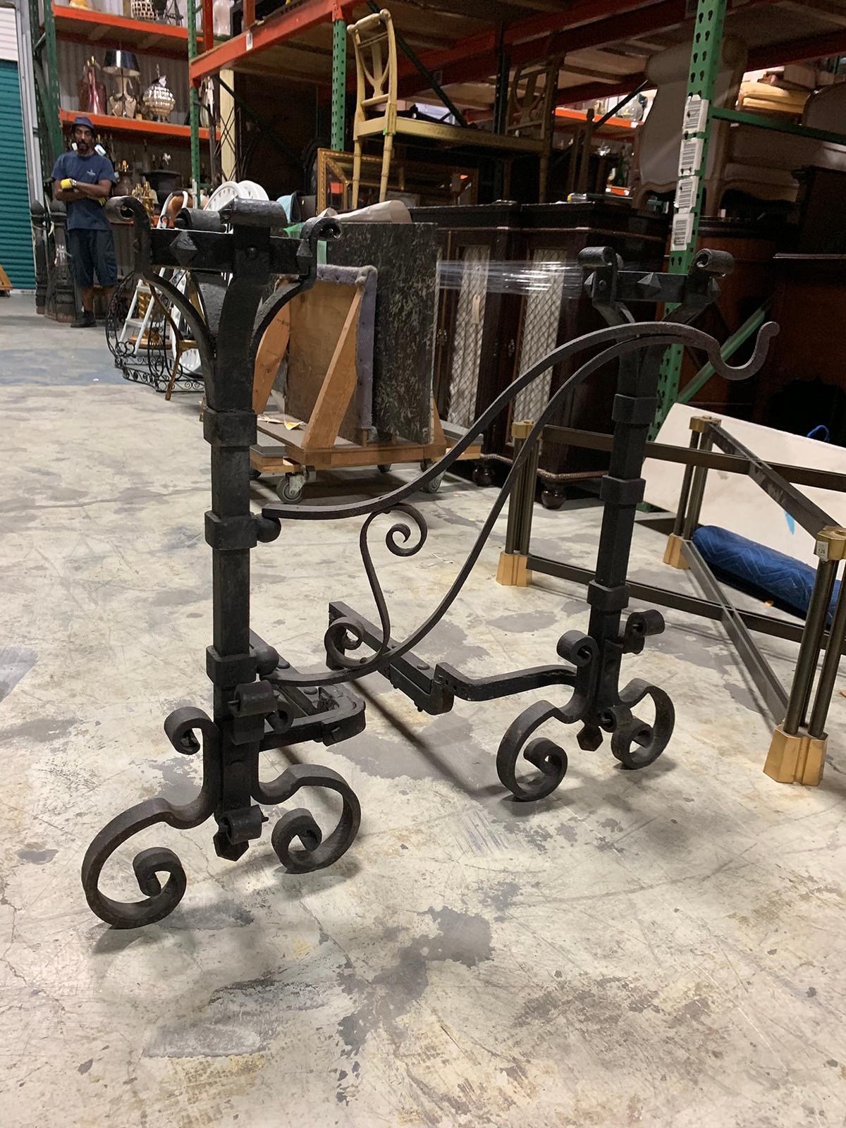 Pair of 19th Century Hand-Forged Iron Andirons with Swing-Arm for Cooking In Good Condition For Sale In Atlanta, GA
