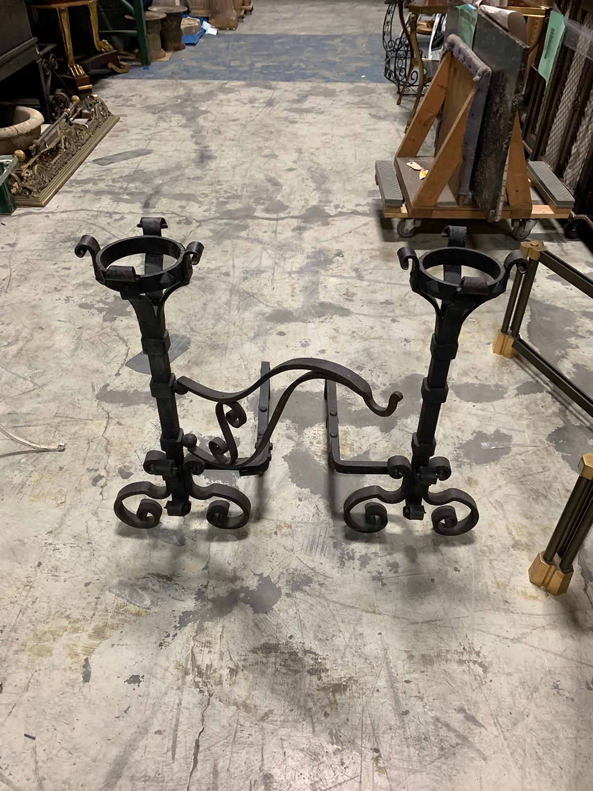 Pair of 19th Century Hand-Forged Iron Andirons with Swing-Arm for Cooking For Sale 1