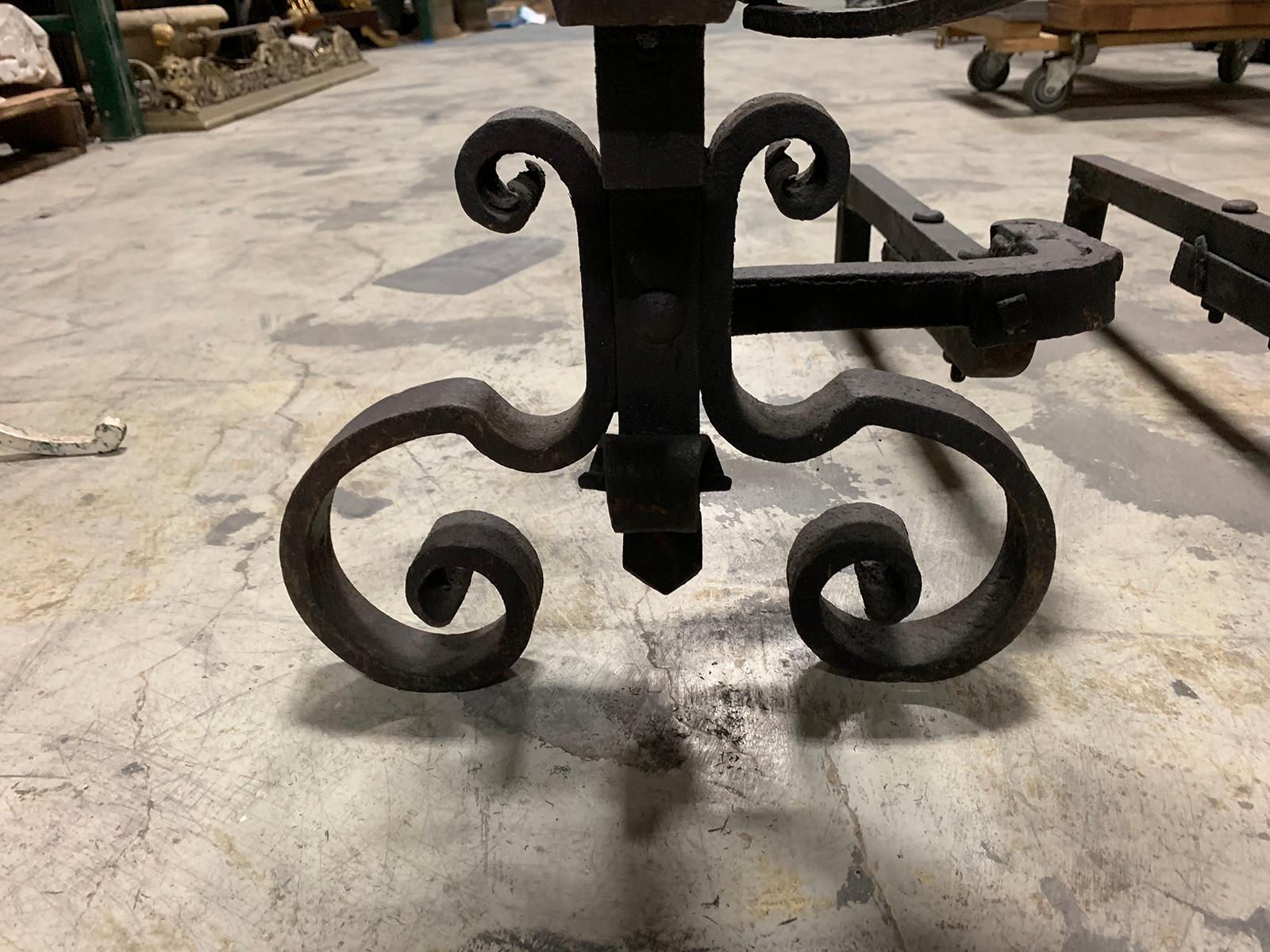 Pair of 19th Century Hand-Forged Iron Andirons with Swing-Arm for Cooking For Sale 6