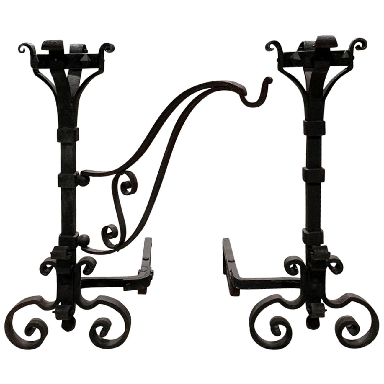 Pair of 19th Century Hand-Forged Iron Andirons with Swing-Arm for Cooking For Sale