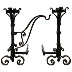 Pair of 19th Century Hand-Forged Iron Andirons with Swing-Arm for Cooking