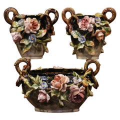 Antique Pair of 19th Century Hand Painted Barbotine Ceramic Vases & Matching Cache-Pot 
