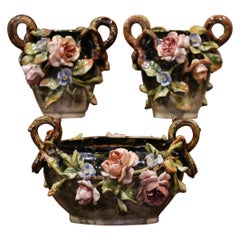 Pair of 19th Century Hand Painted Barbotine Ceramic Vases & Matching Cache-Pot