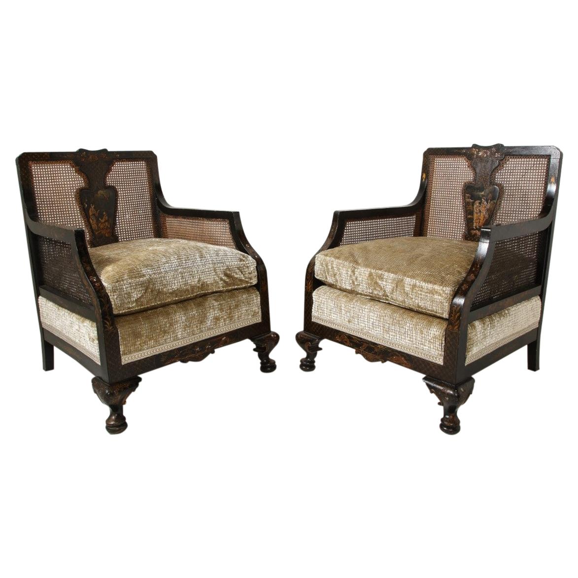 Pair of 19th Century Hand-Painted Ebonized Chinoiserie Chairs with Cane Backs