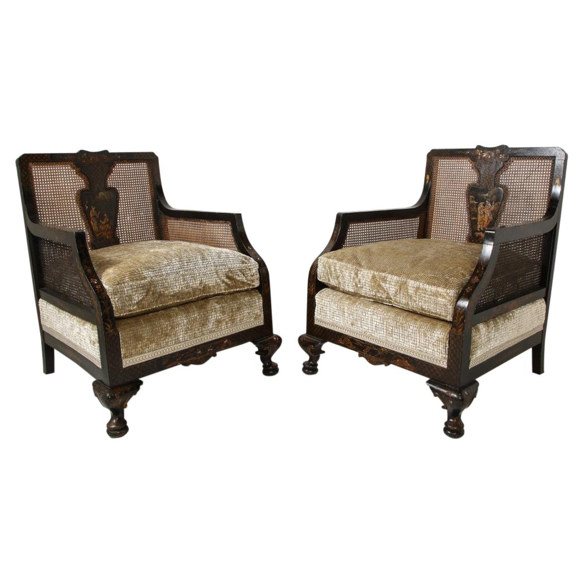 Pair of 19th Century Hand-Painted Ebonized Chinoiserie Chairs