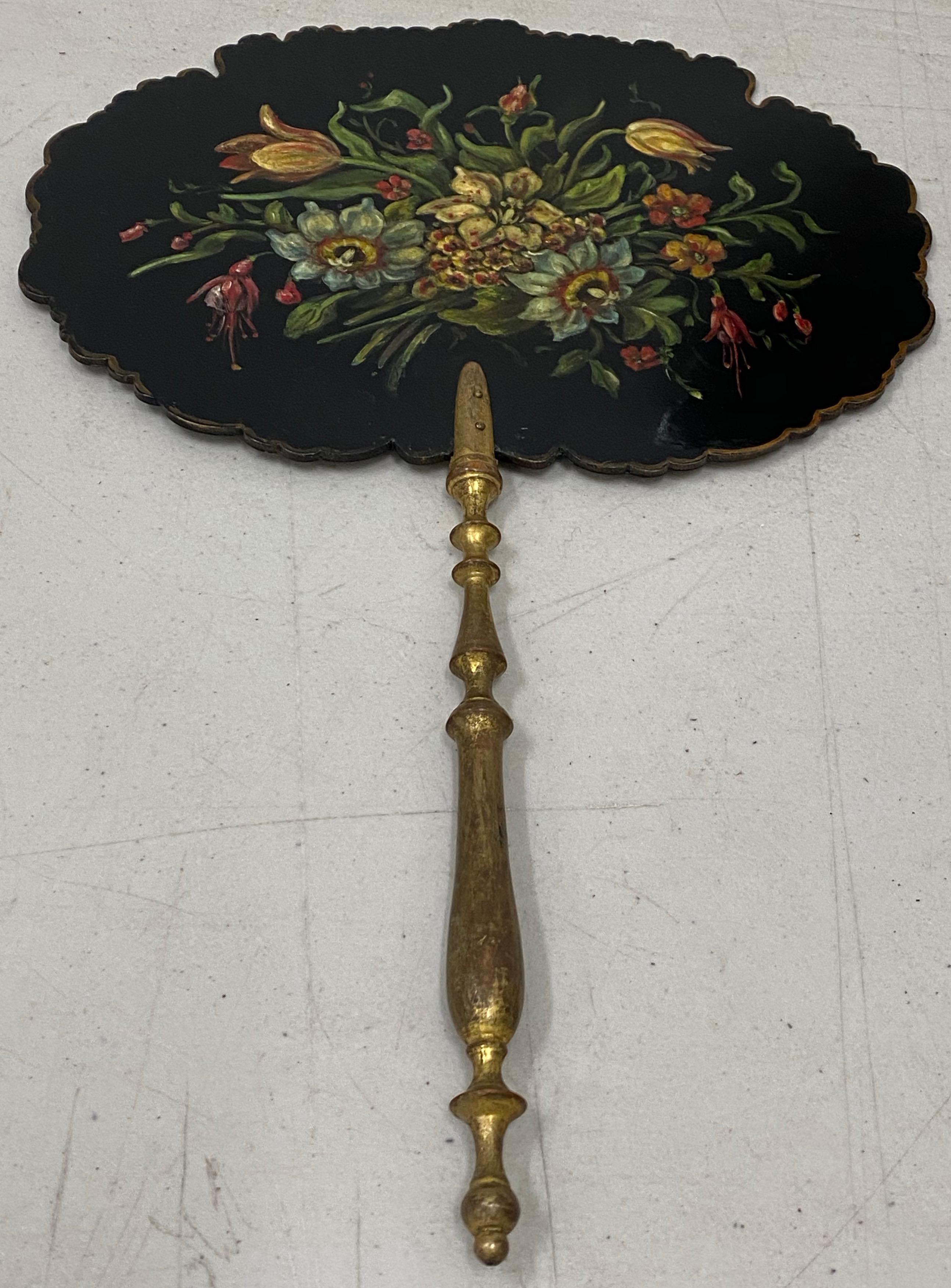 Hand-Crafted Pair of 19th Century Hand Painted Floral Bouquet Fixed Fans