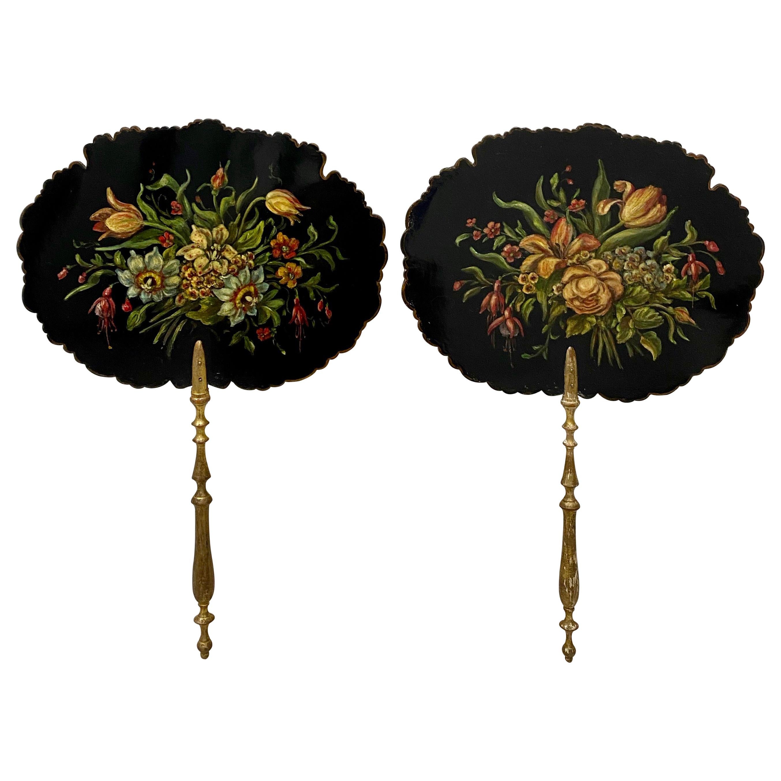 Pair of 19th Century Hand Painted Floral Bouquet Fixed Fans