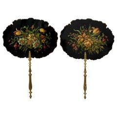 Antique Pair of 19th Century Hand Painted Floral Bouquet Fixed Fans