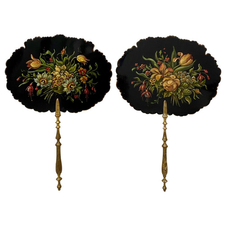 Pair of 19th Century Hand Painted Floral Bouquet Fixed Fans For Sale