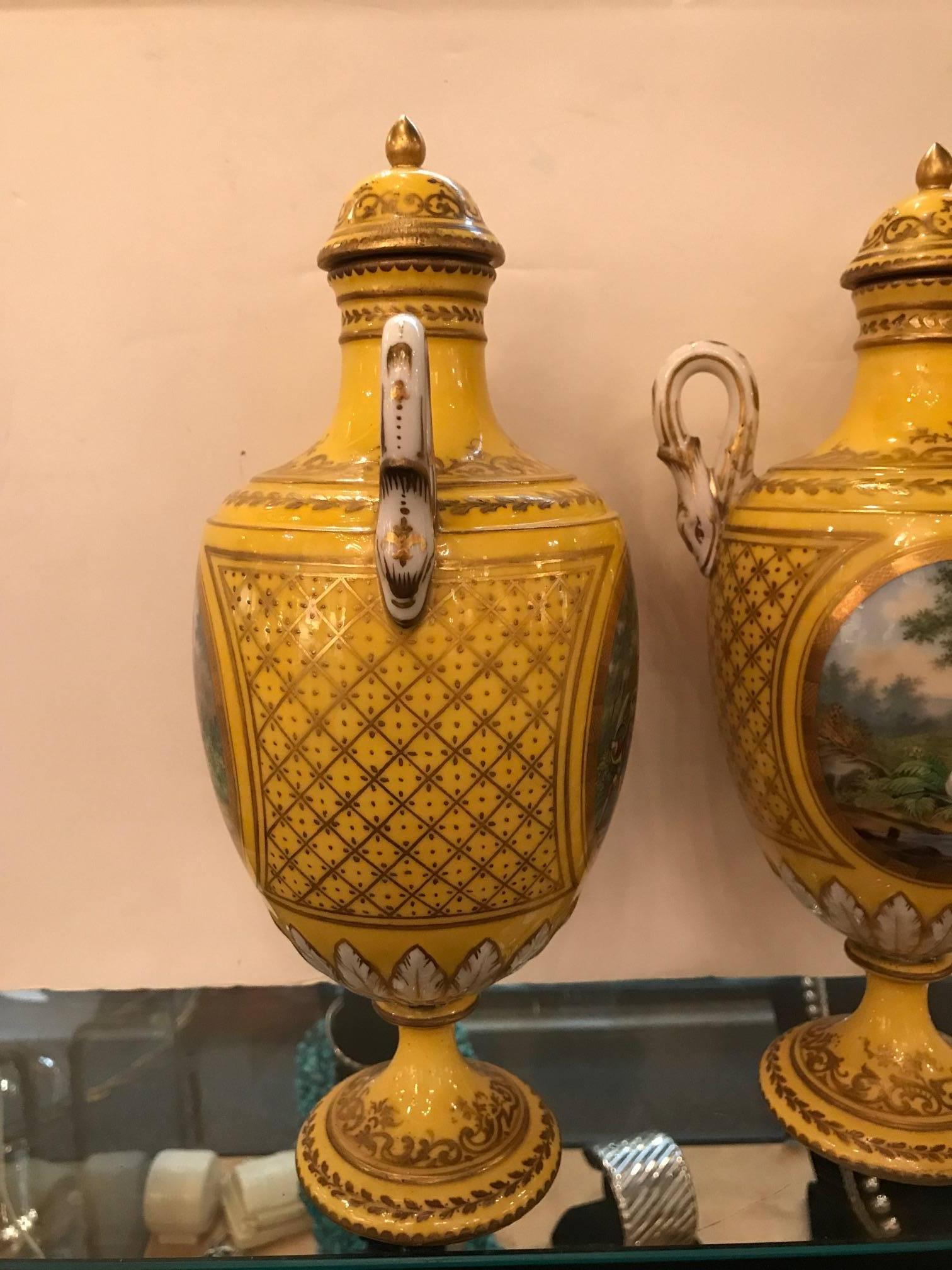 Pair of 19th Century Hand Painted French Porcelain Lidded Urns In Good Condition In Lambertville, NJ