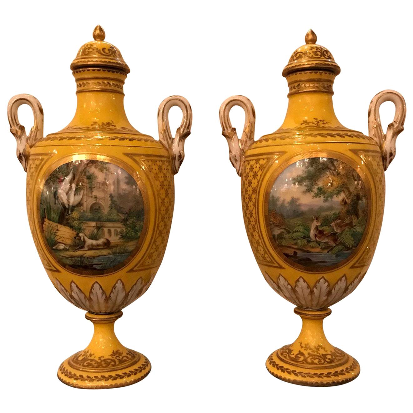Pair of 19th Century Hand Painted French Porcelain Lidded Urns