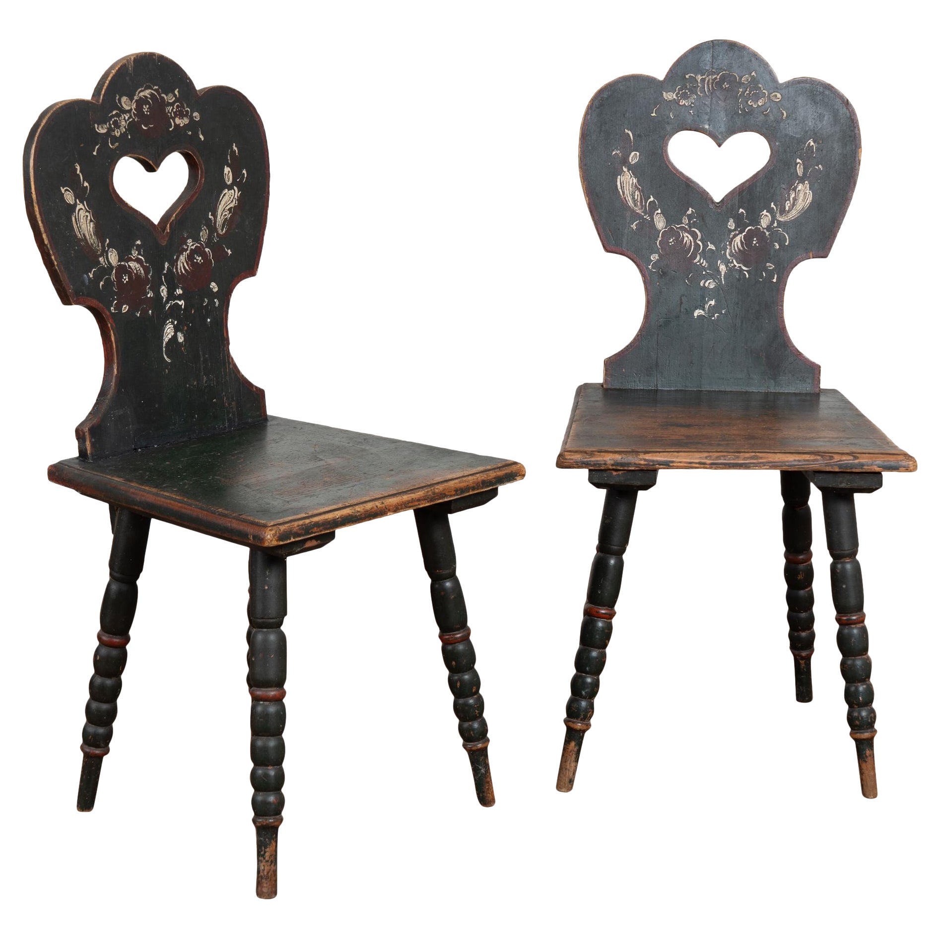Pair of 19th Century Hand-Painted Hungarian Folk Art Chairs with Heart Cut Out For Sale