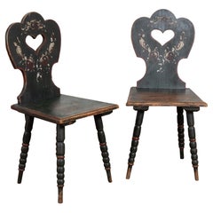 Pair of 19th Century Hand-Painted Hungarian Folk Art Chairs with Heart Cut Out