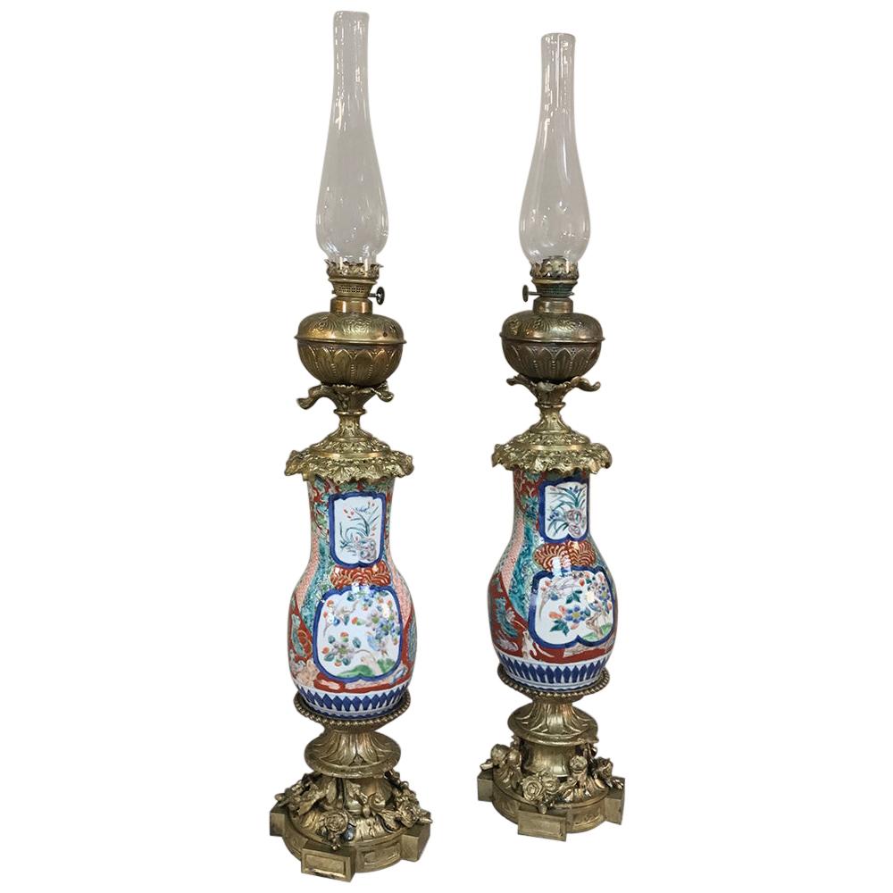 Pair of 19th Century Hand Painted Porcelain and Bronze Oil Lanterns