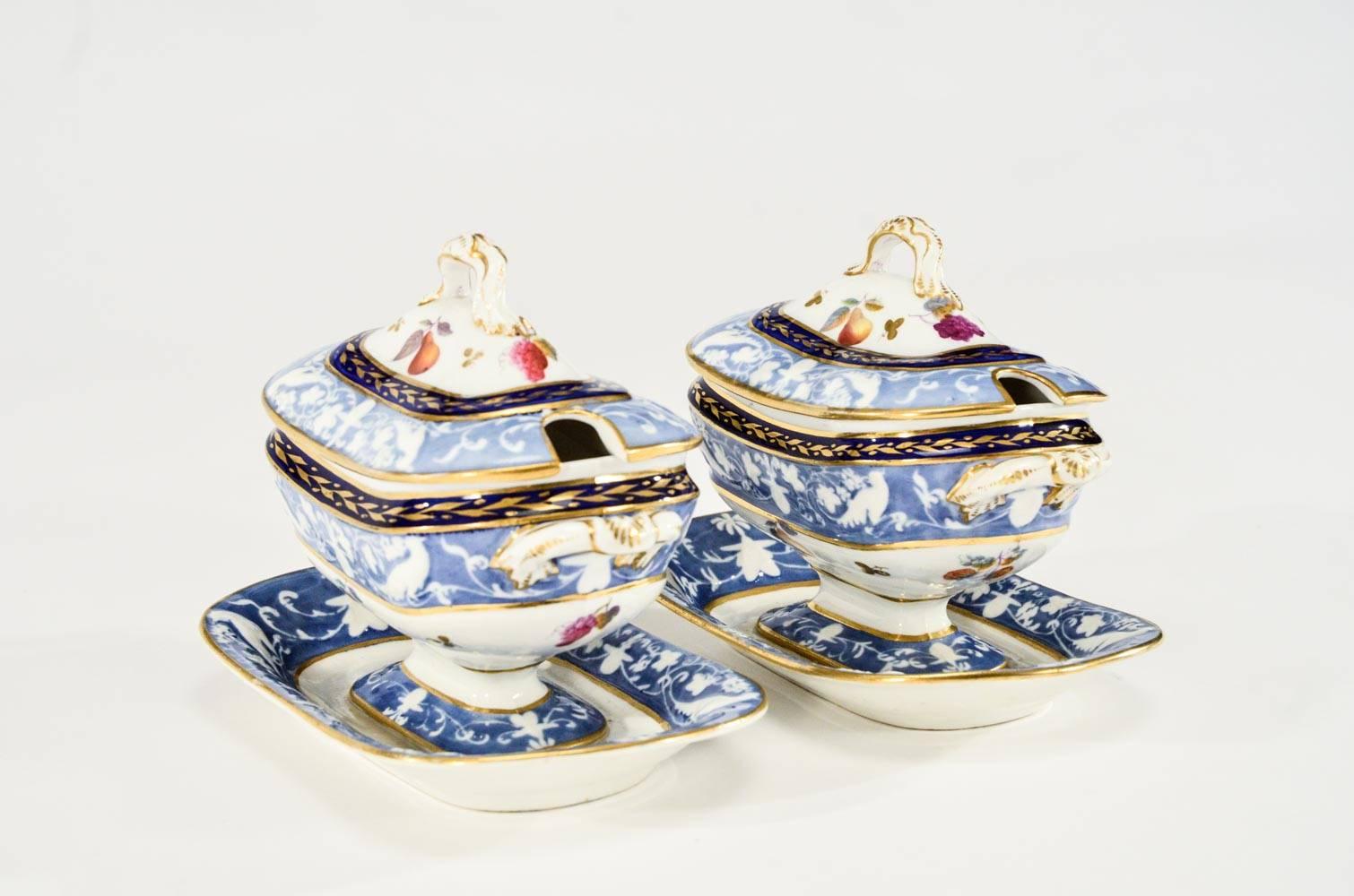 Pair of 19th Century Hand-Painted Spode Sauce Tureens For Sale 4