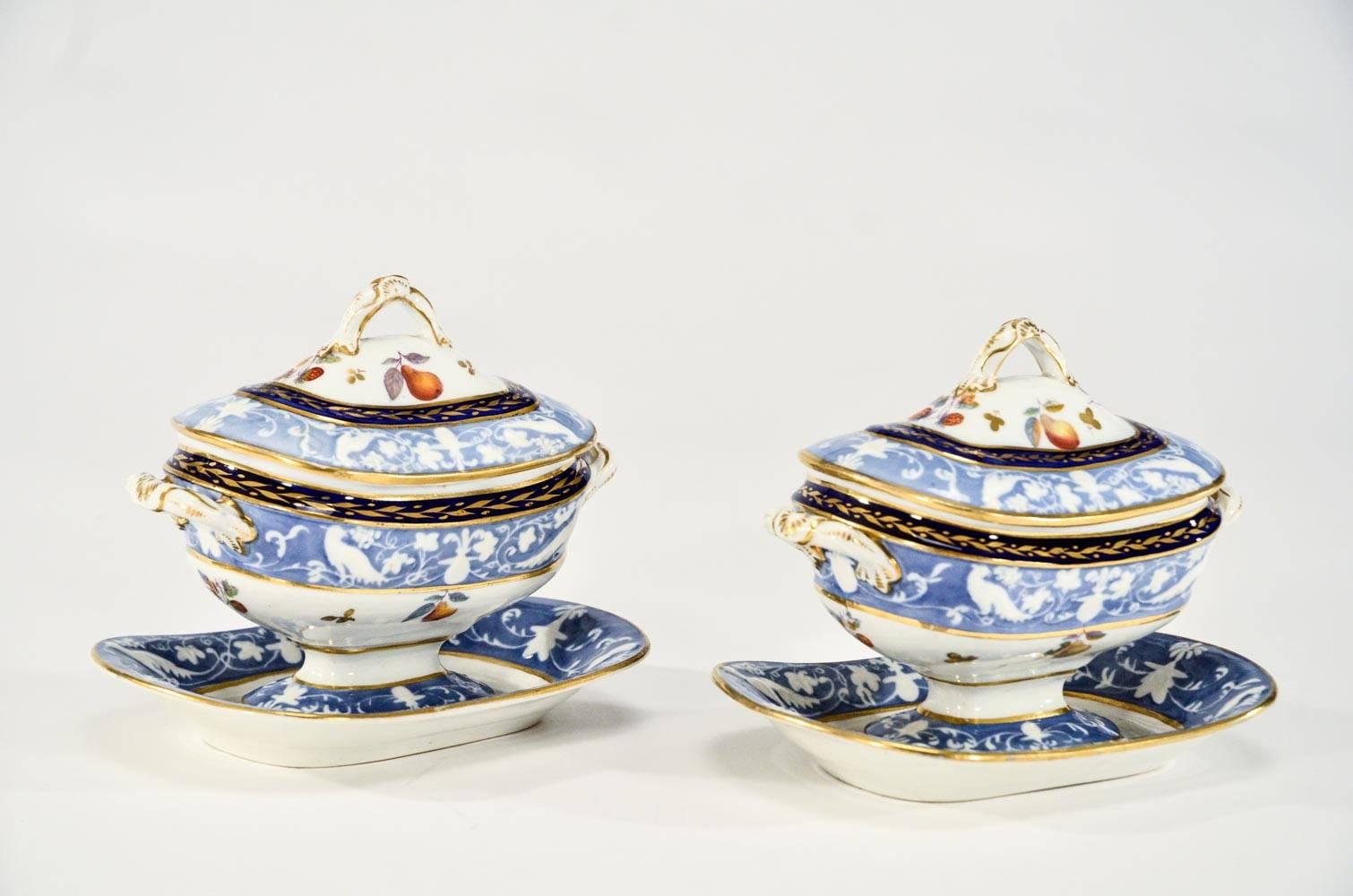 Pair of 19th Century Hand-Painted Spode Sauce Tureens For Sale