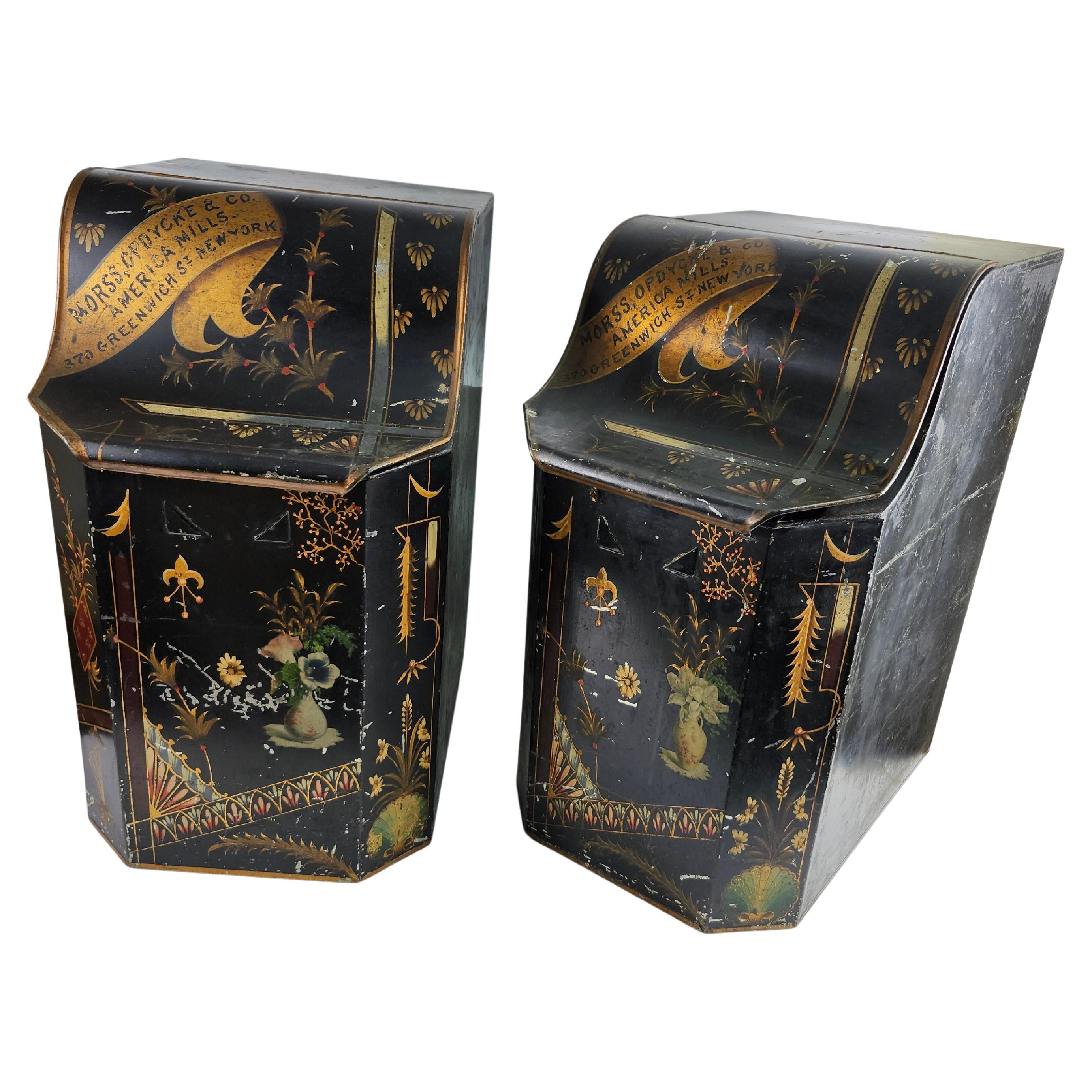 Industrial Pair of 19th Century Hand Painted Store Counter Bins Signed Duane St NYC For Sale