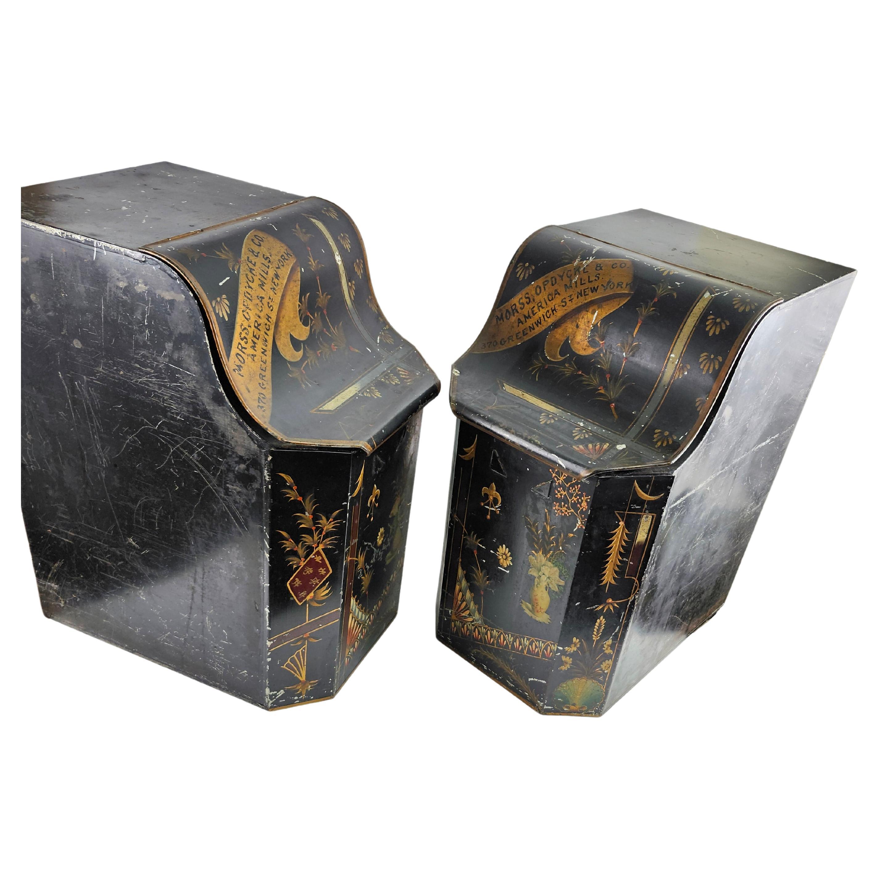 Metal Pair of 19th Century Hand Painted Store Counter Bins Signed Duane St NYC For Sale