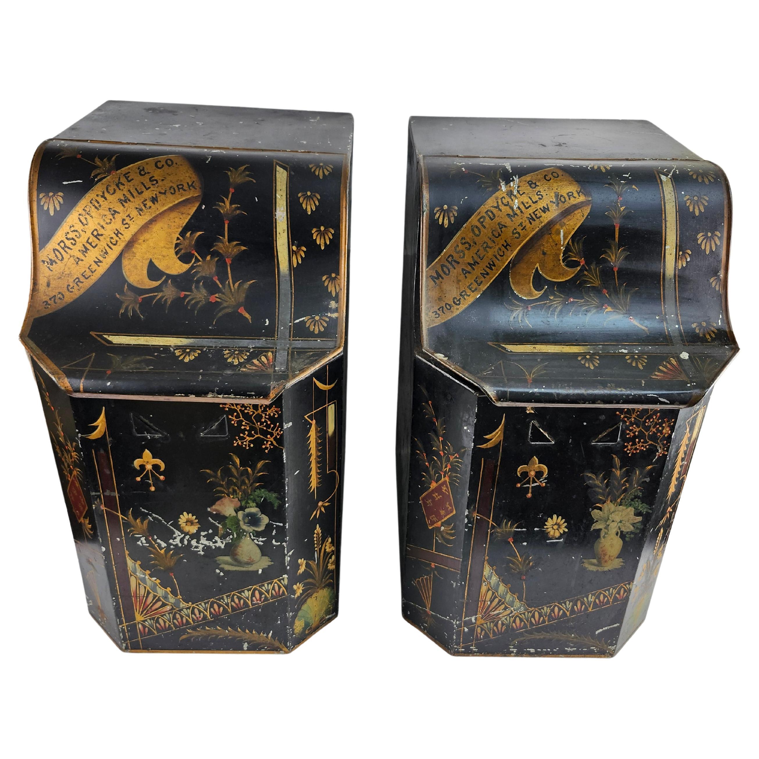 Pair of 19th Century Hand Painted Store Counter Bins Signed Duane St NYC