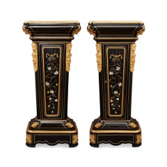 Pair of 19th Century Hardstone, Ormolu and Ebonised Wood Pedestal Cabinets