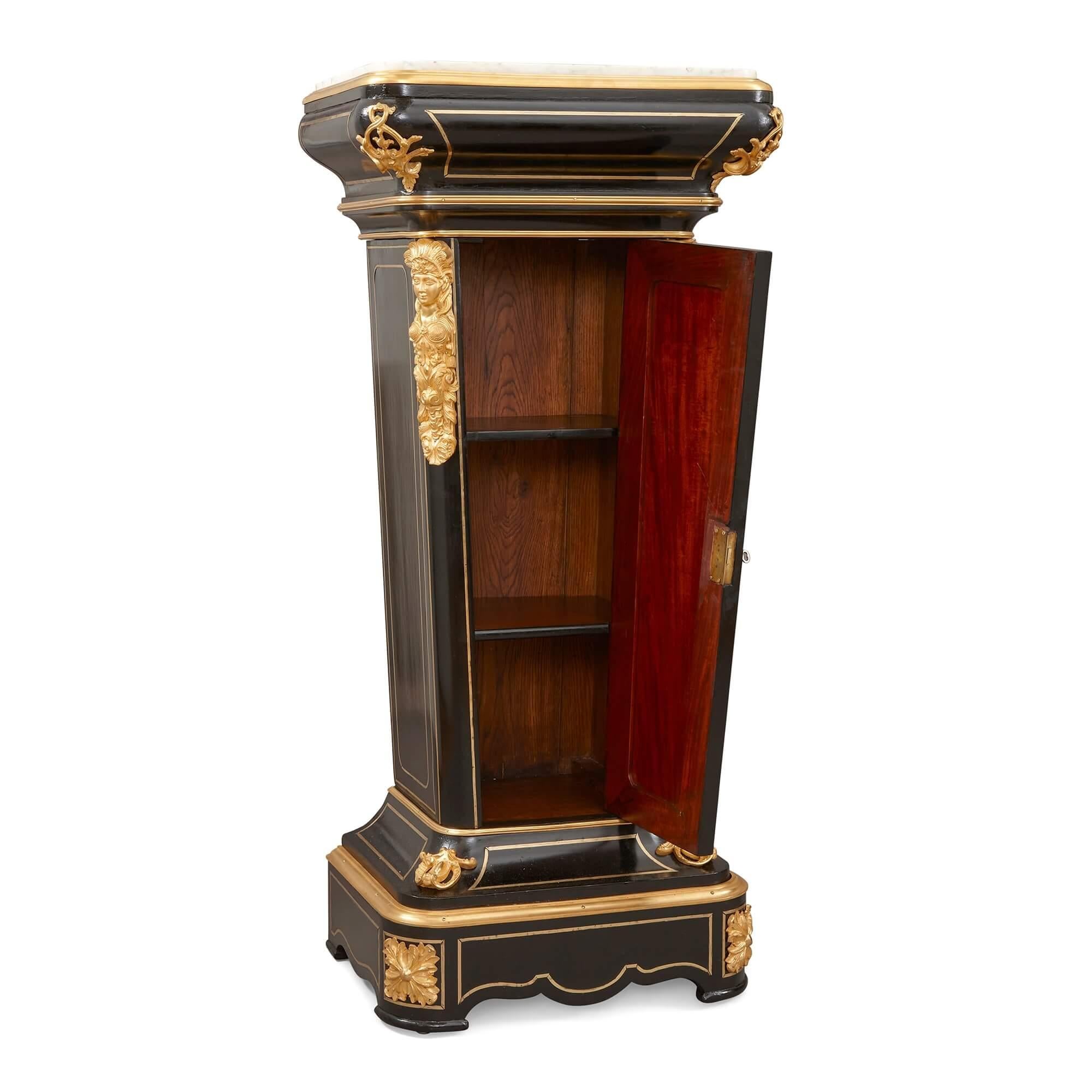 French Pair of 19th Century Hardstone, Ormolu and Ebonised Wood Pedestal Cabinets For Sale