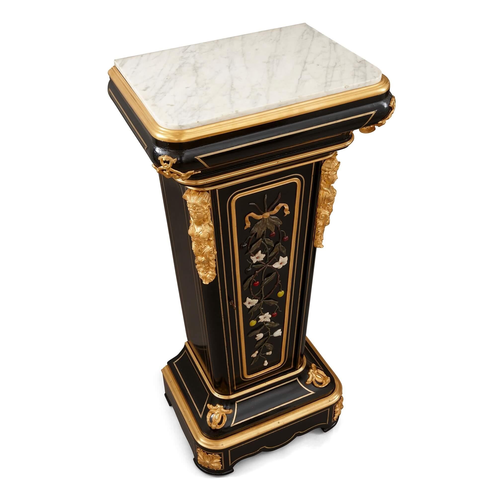 Carved Pair of 19th Century Hardstone, Ormolu and Ebonised Wood Pedestal Cabinets For Sale