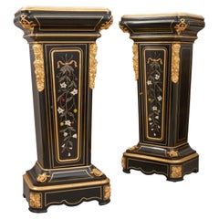 Antique Pair of 19th Century Hardstone, Ormolu and Ebonised Wood Pedestal Cabinets