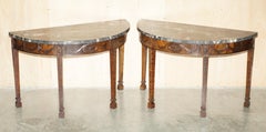 PAIR OF 19TH CENTURY HARDWOOD ADAMS DEMI LUNE WABI-SABI MARBLE CONSOLE TABLEs