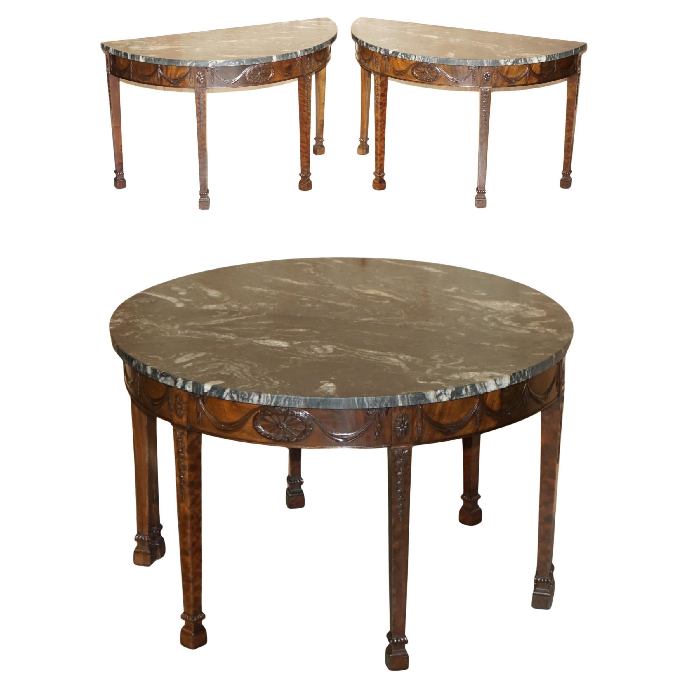 PAIRE DE TABLE DE CONSOLE EN BOIS DUR ADAMS DEMI LUNE WABI-SABI MARBRE DU 19e SIÈCLE en vente