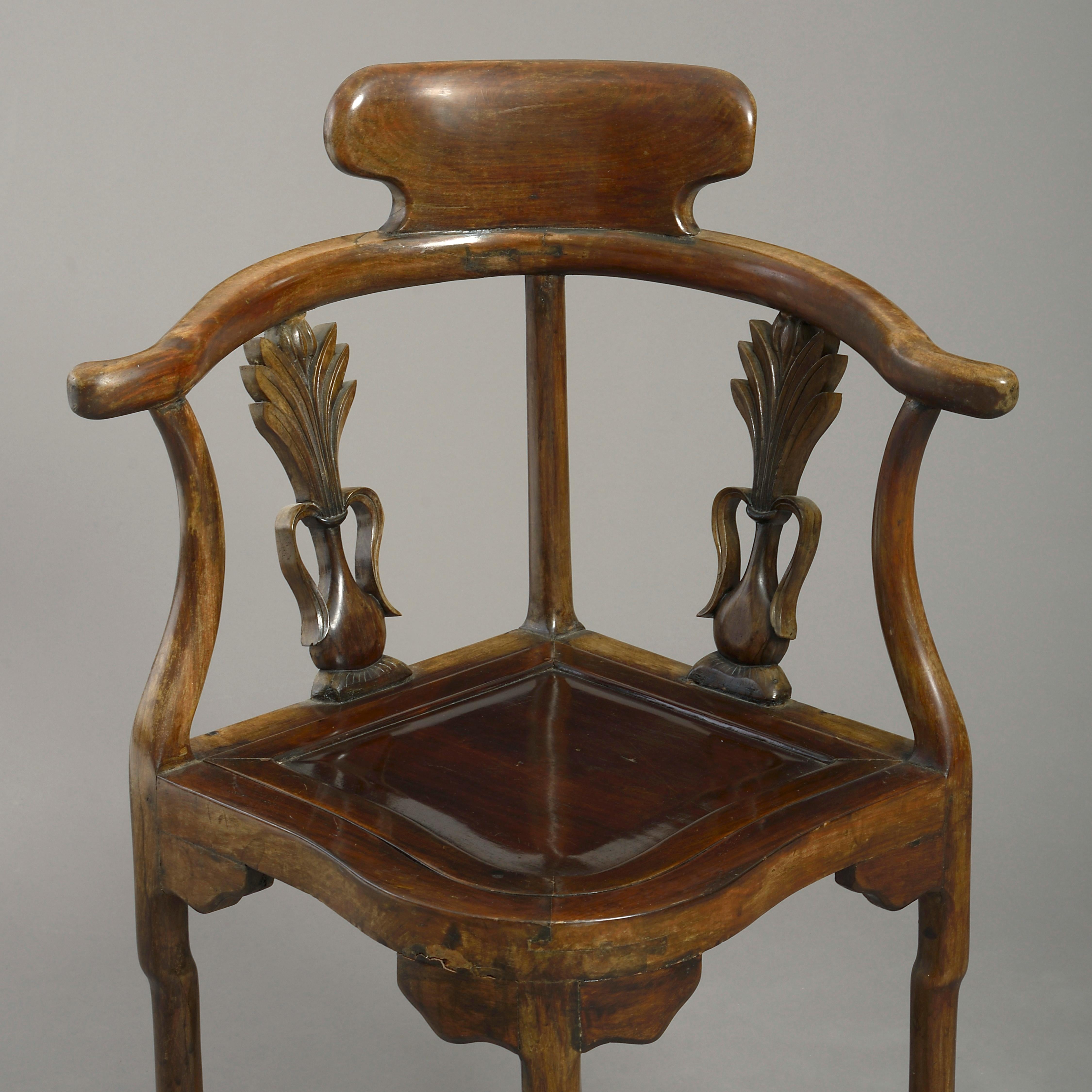 Chinese Export Pair of 19th Century Hardwood Corner Armchairs