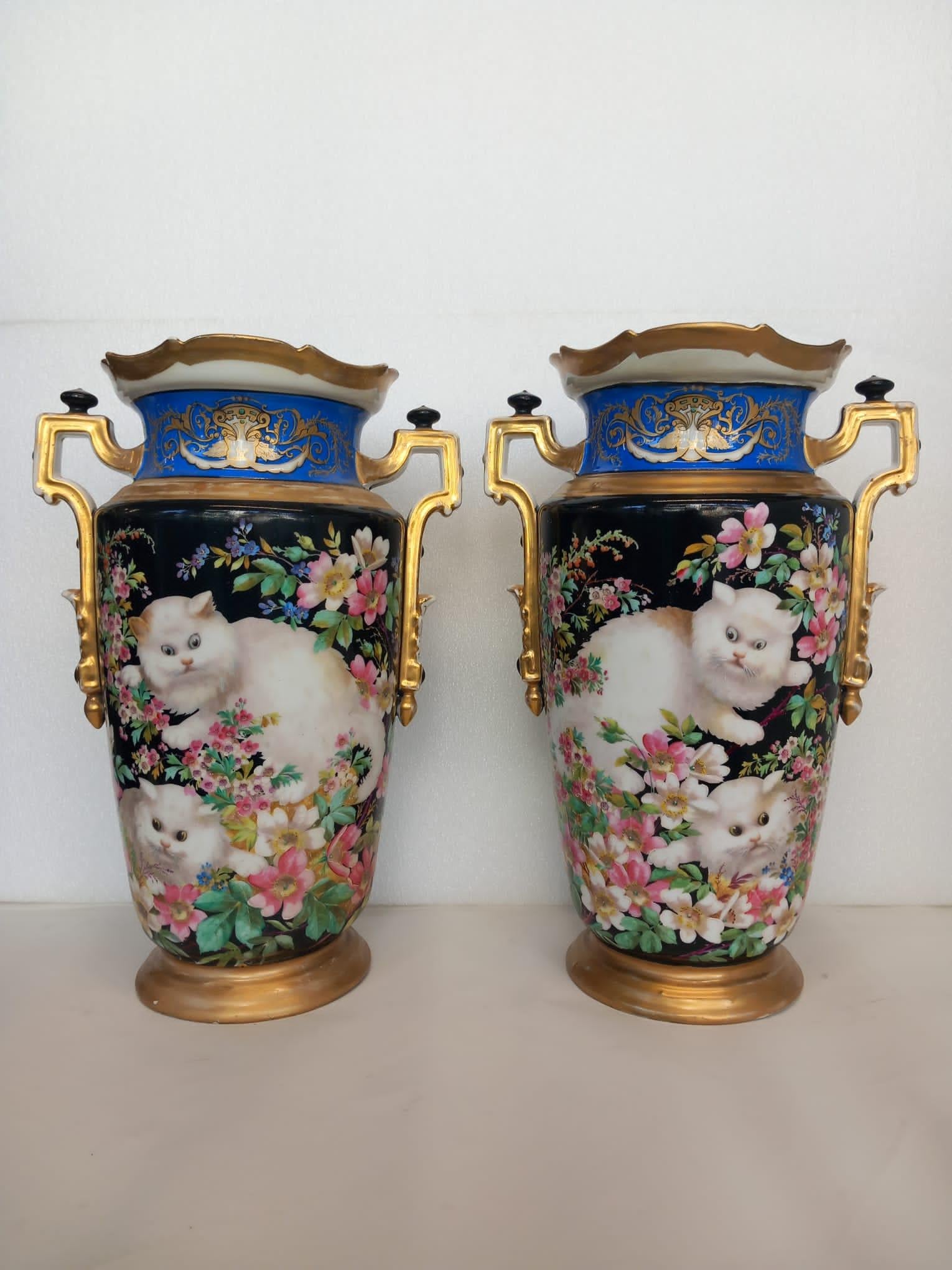 French Pair of 19th Century highly decorative Parisian vases  For Sale