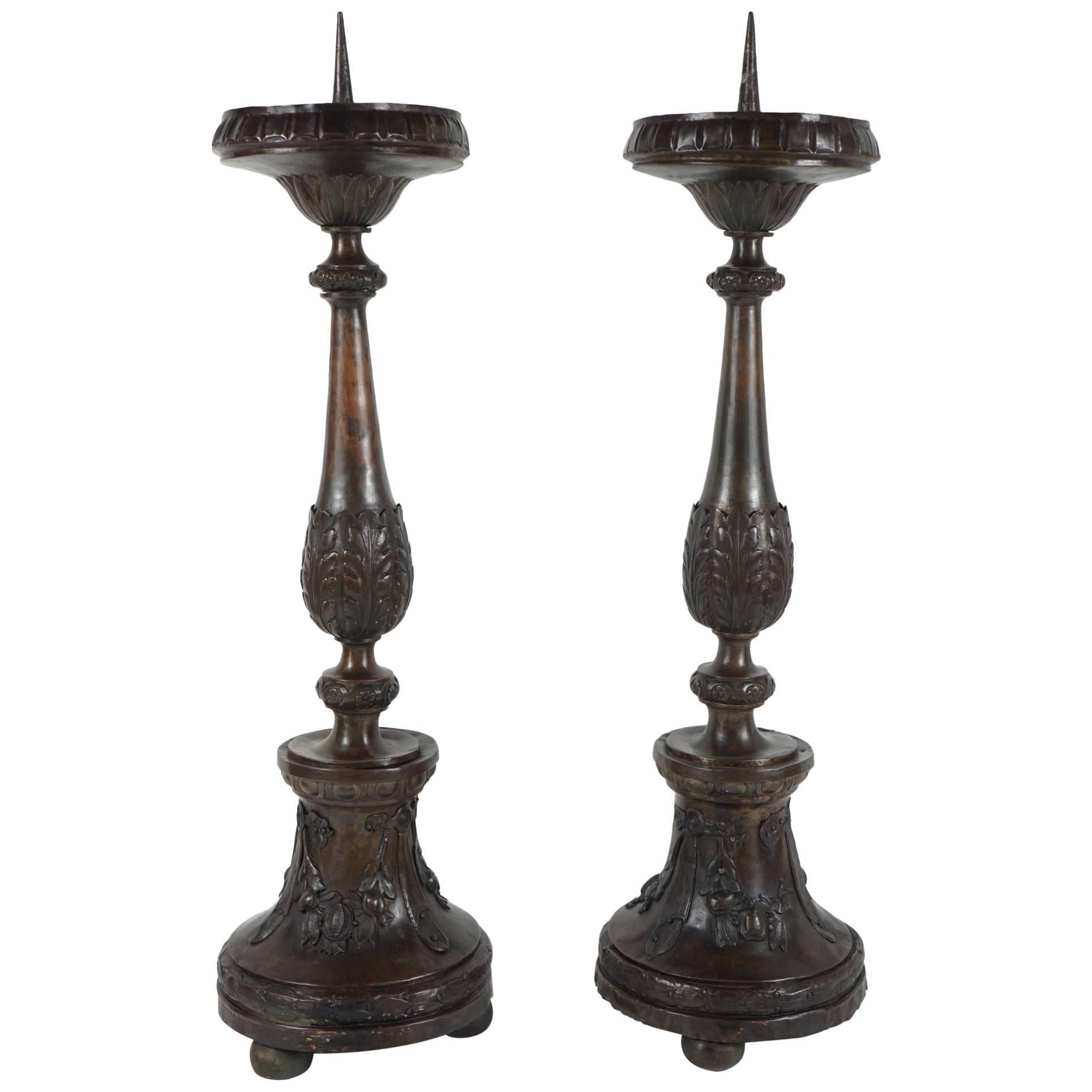 Pair of 19th Century Hollow Cast Bronze Austrian Pricket Candlesticks