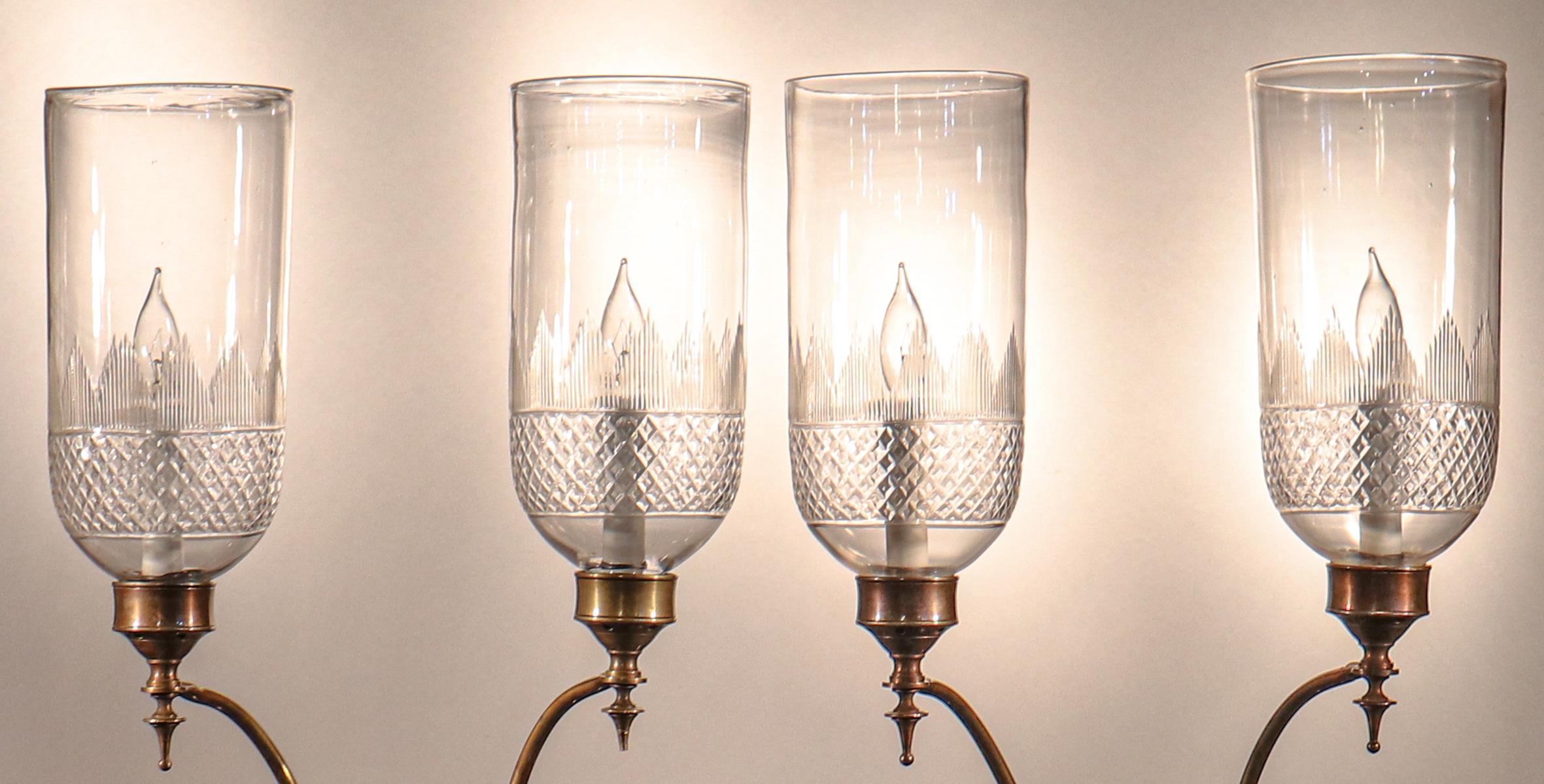 High Victorian Pair of 19th Century Hurricane Shade Double-Arm Wall Sconces